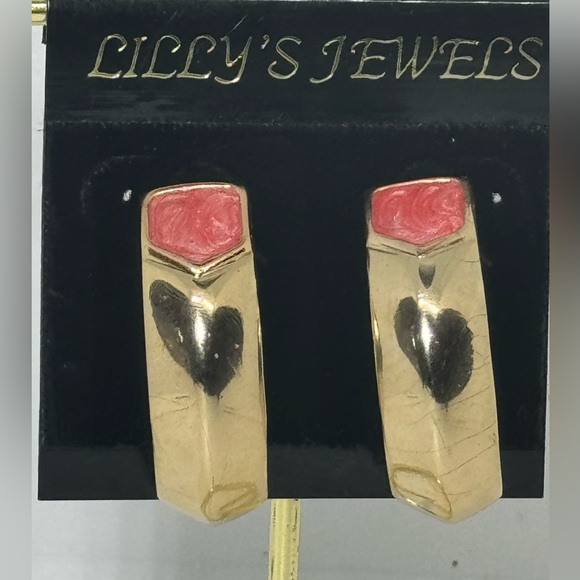 Vintage Gold & Pink Enamel Drop Earrings by Lilly’s - Classic & Elegant Design - Picture 2 of 8
